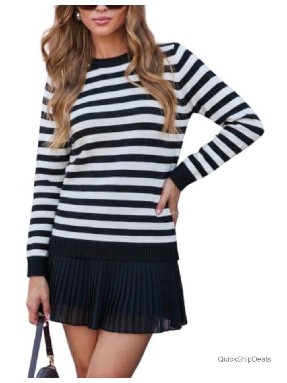 Striped Knit Sweater Dress with Lace Hem Mini Length